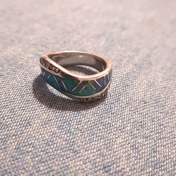 Beautiful Opal sterling Ring so colorful clear accent stones